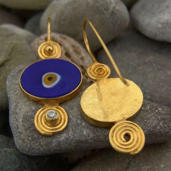 New ANTHRO Blue and Gold Abstract Evil Eye ProctectionDangle Earrings - Picture 3 of 7